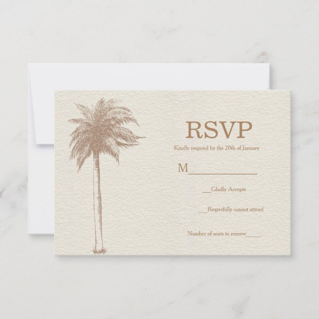 Vintage Brown Palm Tree Beach Wedding RSVP Card (Front)