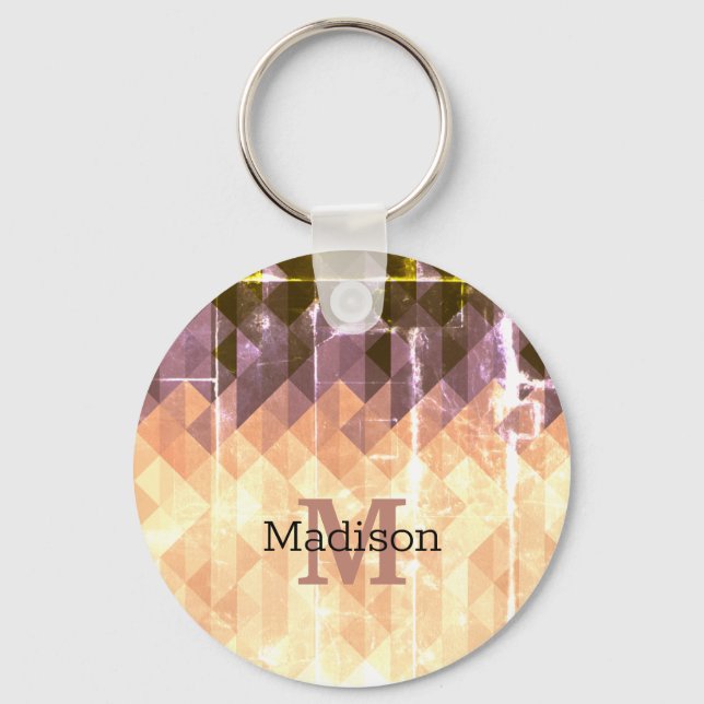 Vintage brown purple geometric pattern Monogram Keychain (Front)