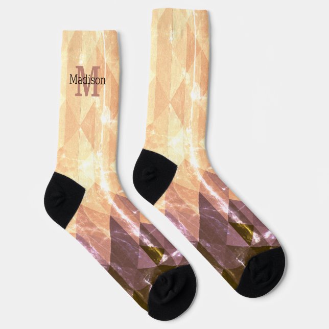 Vintage brown purple geometric pattern Monogram Socks (Right)
