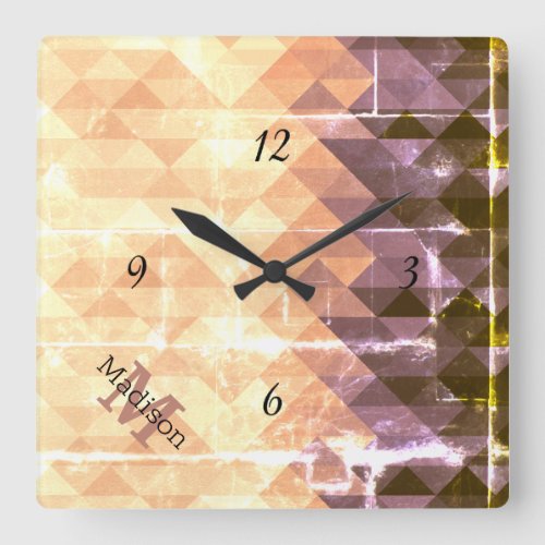 Vintage brown purple geometric pattern Monogram Square Wall Clock