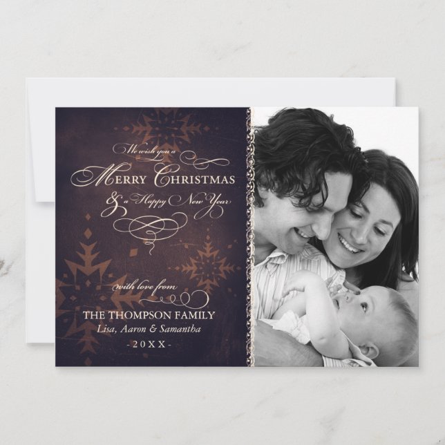 Vintage Brown Snowflake Christmas Photo Card (Front)