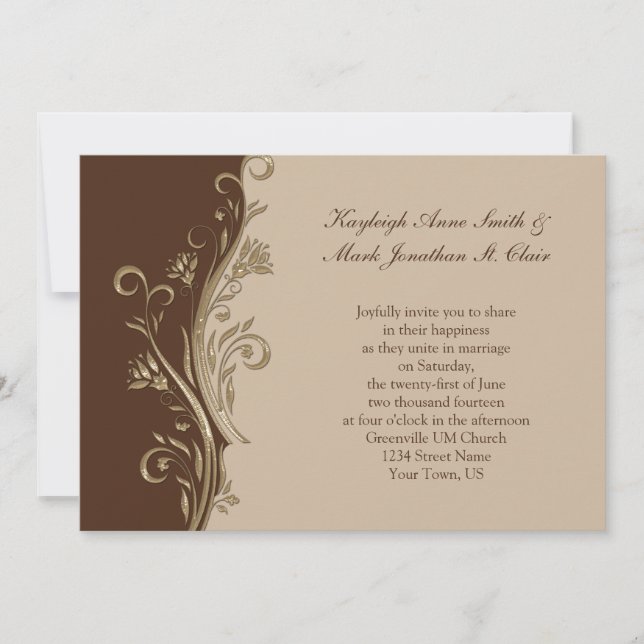 Vintage Brown Tan Gold Swirls Wedding Invitation (Front)