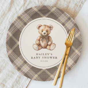 Vintage Brown Tartan Teddy Bear Baby Shower Paper Plates