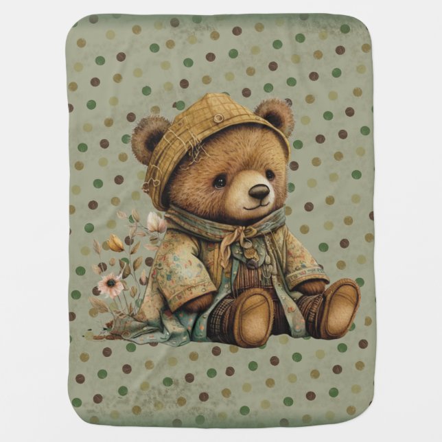 Vintage Brown Teddy Bear And Polkadots  Baby Blanket (Front)