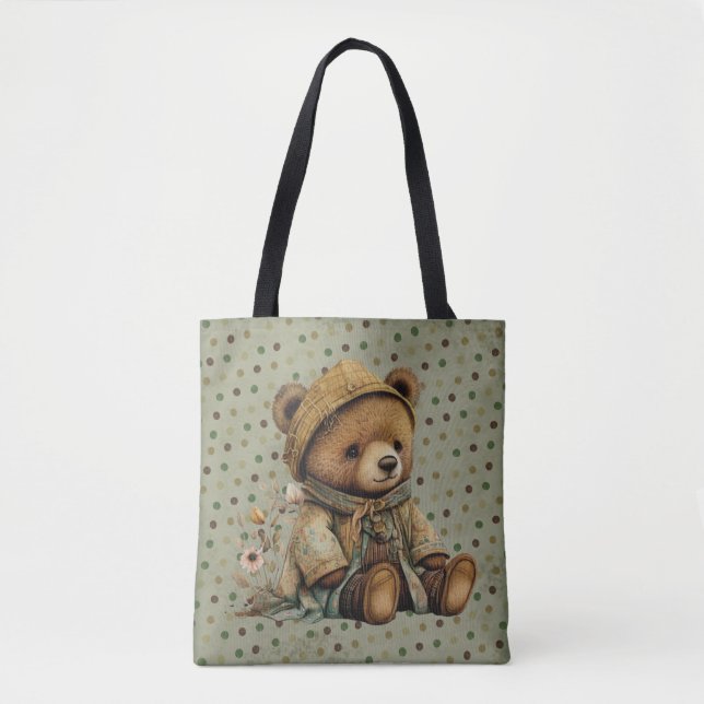 Vintage Brown Teddy Bear And Polkadots  Tote Bag (Front)