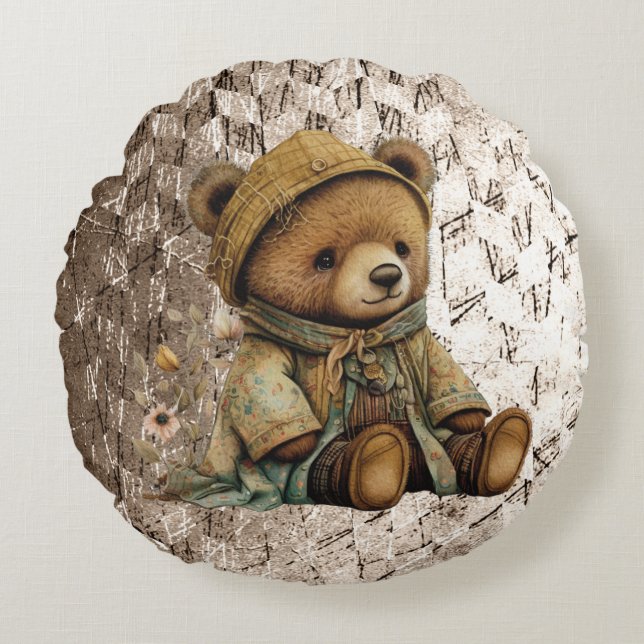 Vintage Brown Teddy Bear Round Pillow (Front)