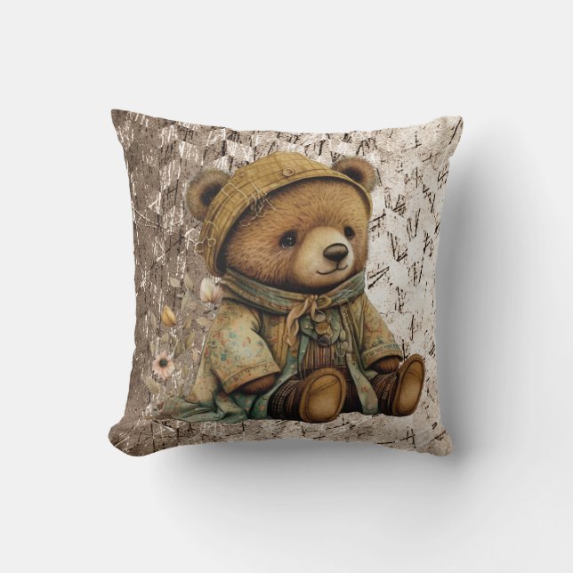 Vintage Brown Teddy Bear Throw Pillow (Front)