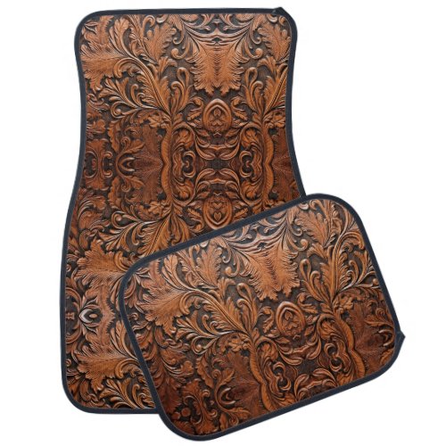 Vintage brown tooled leather car floor mat