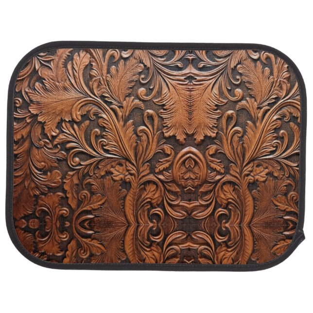 Vintage brown tooled leather car floor mat | Zazzle