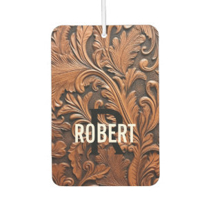 Vintage brown tooled leather monogram name  air freshener