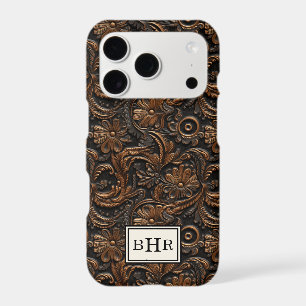 Vintage Brown Tooled Leather Monogrammed iPhone 17 Pro Case