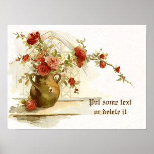 Vintage brown vase with red roses watercolor print