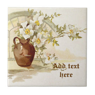 Vintage brown vase with white roses watercolor tile