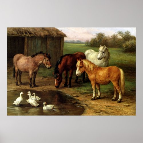 Vintage Brown White Horse And Ducks Farm Animals Poster