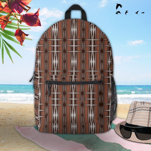 Vintage Brown White Stripes Geometric Pattern Printed Backpack