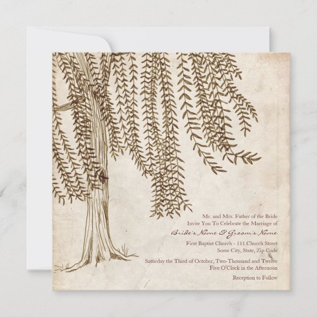 Vintage Brown Willow Tree Wedding Invitation (Front)