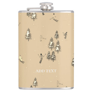 Vintage Brown Winter Skiers Skiing pattern Flask