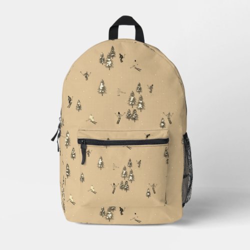 Vintage Brown Winter Skiers Skiing pattern  Printed Backpack