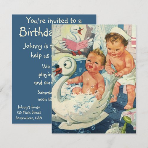 Vintage Children in Swan Tub, Child Birthday Party Custom Invite
