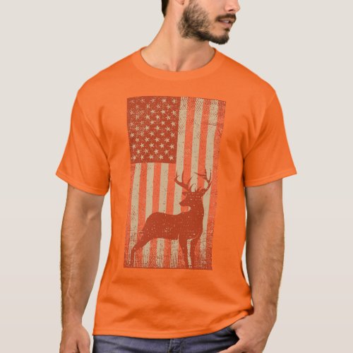 Vintage Buck Deer USA Flag Safety Orange Hunting T_Shirt