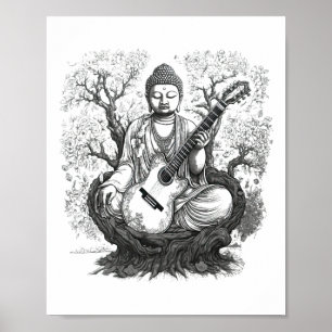 Vintage Buddha Playing Guitar Yoga Buddhist Medita Poster