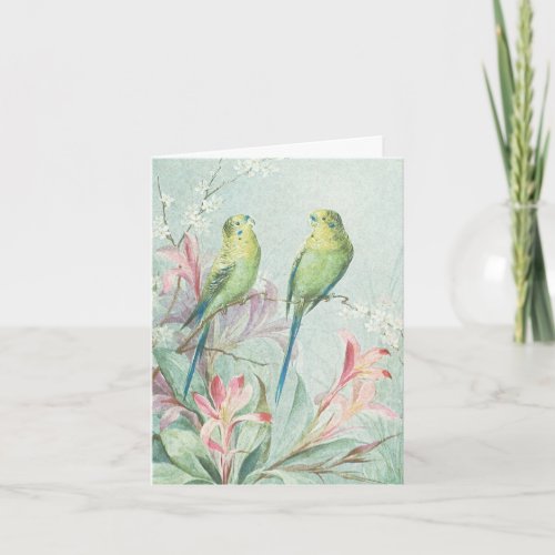 Vintage Budgerigars Bird Branch Flowers Thank You