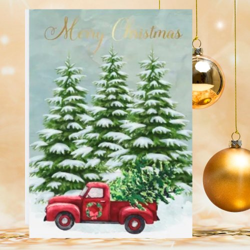 Vintage Budget Red Truck Christmas Trees  Holiday Card