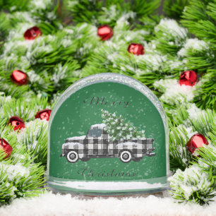 Vintage Buffalo Plaid Pick Up Truck Christmas Tree Snow Globe