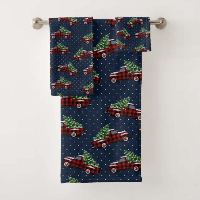 Vintage Buffalo Plaid Truck Christmas Bath Towel Set Zazzle