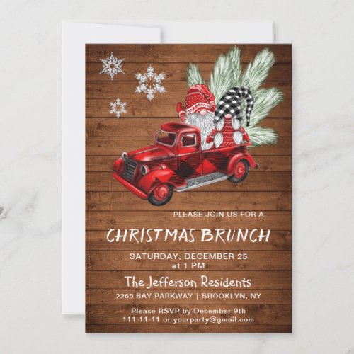 Vintage Buffalo Red Truck Gnomes Christmas Brunch Invitation