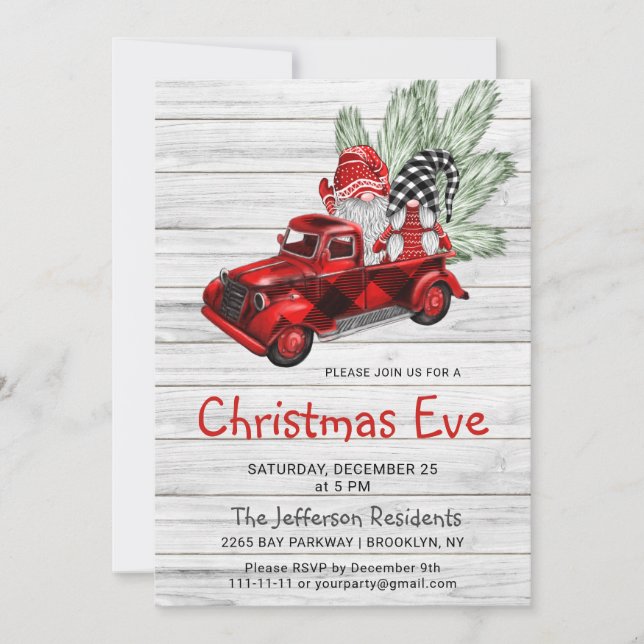 Vintage Buffalo Red Truck & Gnomes Christmas Eve Invitation (Front)