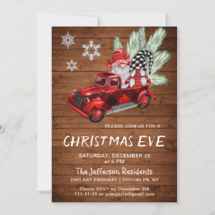 Vintage Buffalo Red Truck & Gnomes Christmas Eve Invitation