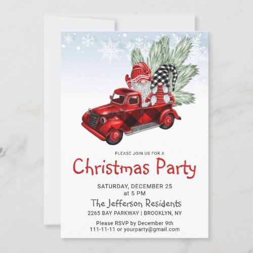 Vintage Buffalo Red Truck  Gnomes Christmas Party Invitation