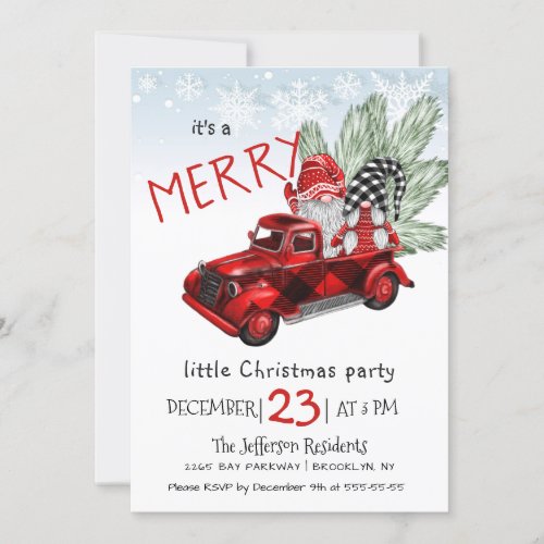 Vintage Buffalo Red Truck  Gnomes Christmas Party Invitation