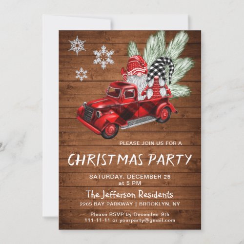 Vintage Buffalo Red Truck  Gnomes Christmas Party Invitation