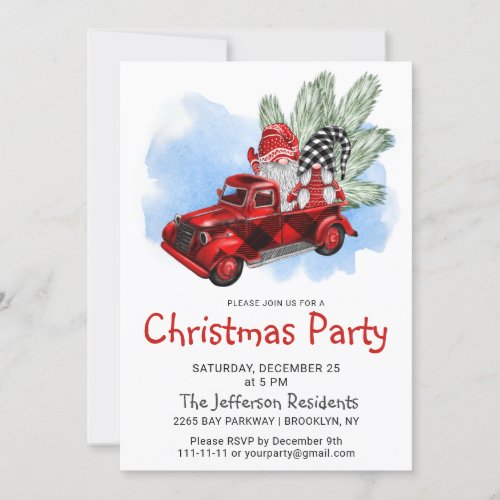 Vintage Buffalo Red Truck  Gnomes Christmas Party Invitation