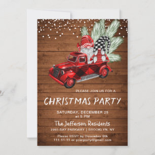 Vintage Buffalo Red Truck & Gnomes Christmas Party Invitation