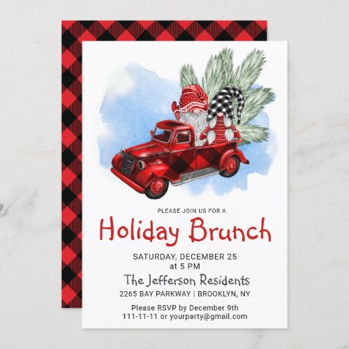 Vintage Buffalo Red Truck  Gnomes Holiday Brunch Invitation