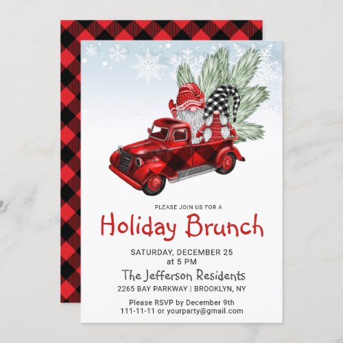 Vintage Buffalo Red Truck  Gnomes Holiday Party Invitation