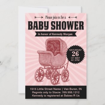 Vintage Buggy Baby Shower Invitation Girl by wicked_stationery at Zazzle