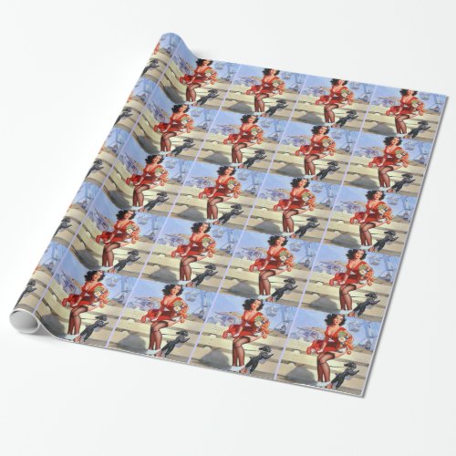 Vintage building pin_up girl poster wrapping paper