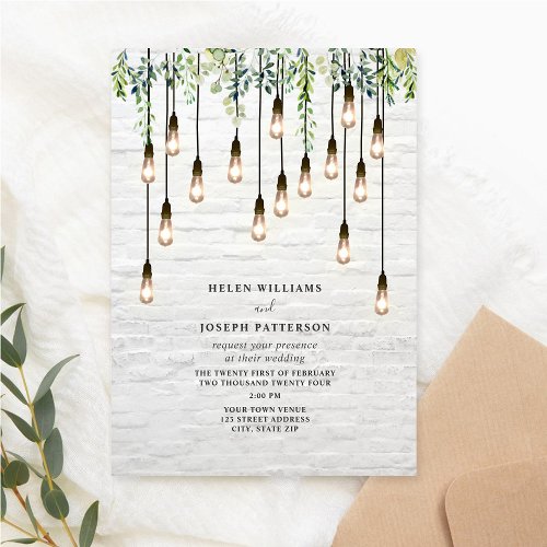 Vintage Bulbs Greenery White Brick Wedding  Invitation