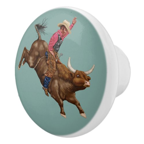 Vintage bull riding cowboy ceramic knob