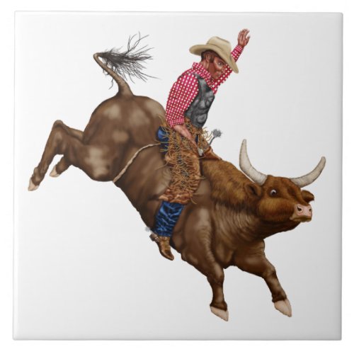 Vintage bull riding cowboy ceramic tile