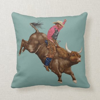 Vintage Bull Riding Cowboy Throw Pillow by stickywicket at Zazzle