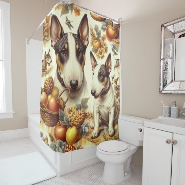 Vintage Bull Terrier Painting Shower Curtain (In Situ)