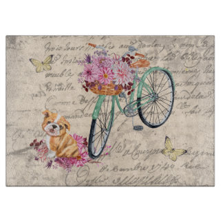 Vintage Bulldog Floral Bicycle Ephemera Decoupage Cutting Board