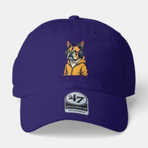 Vintage Bulldog in Headphones Wearing Hoodie Music 47 Brand Hat