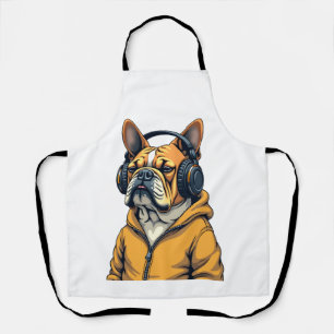 Vintage Bulldog in Headphones Wearing Hoodie Music Apron