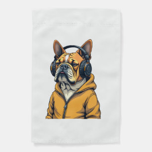 Vintage Bulldog in Headphones Wearing Hoodie Music Garden Flag